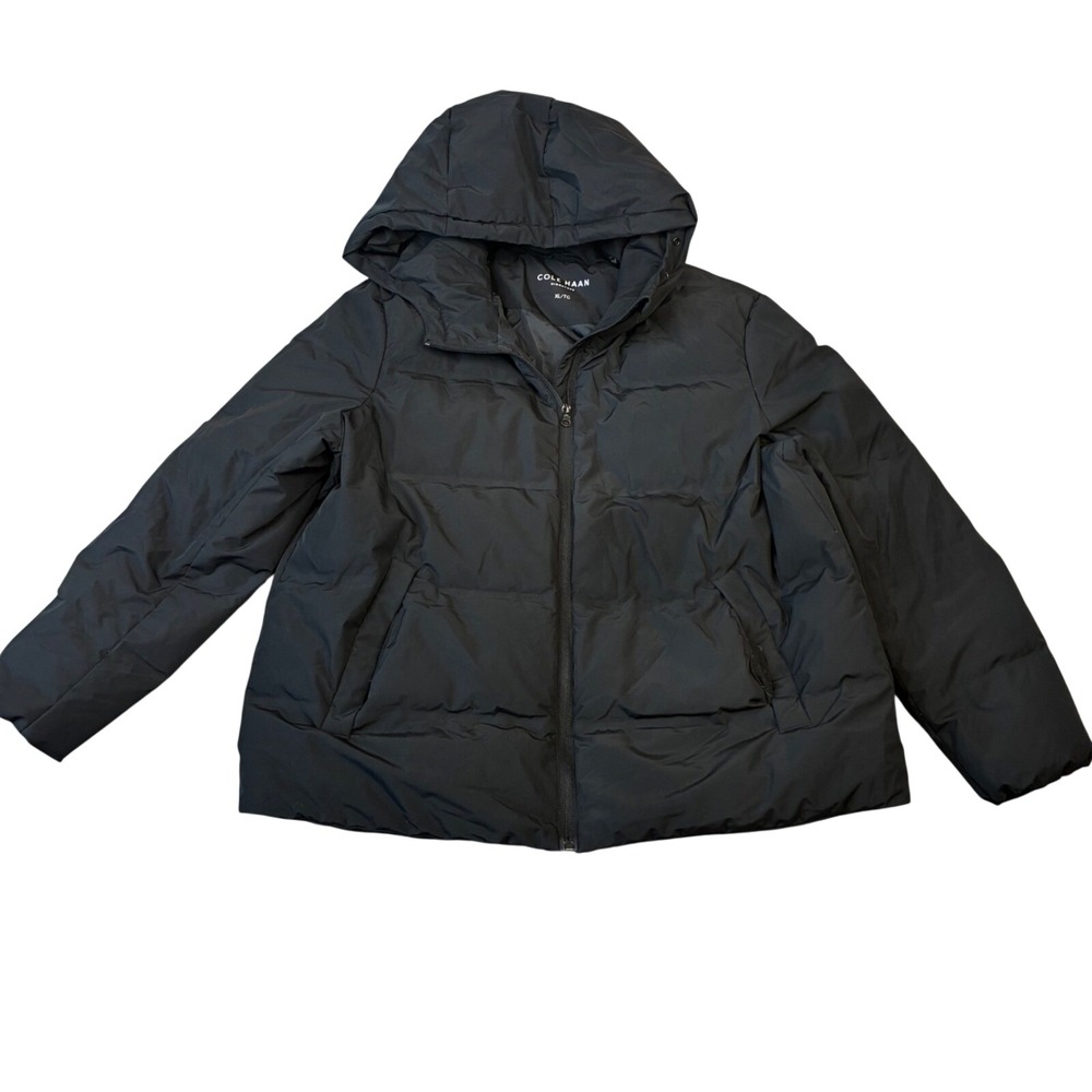 Cole Haan Puffer Jacket Womens XL Black Hooded Down Blend Quilted Parka Coat